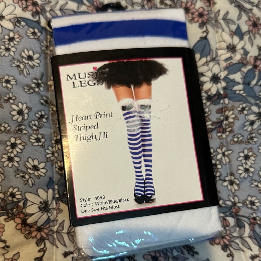NWT Music Legs Blue and White Striped Thigh High Socks with heart